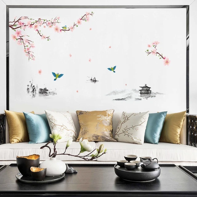 Adesivi Murali Fiori Blu E Rosa - Decorazione Parete Cameretta, Camera, Soggiorno, Con Foglie Di Vite E Farfalle, Vinile Riusabile