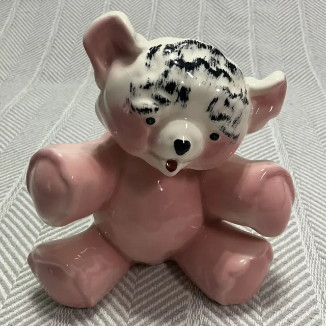 Pink Teddy Bear Planter Baby Vase Ceramic Vintage 1950s 1960s Mid Century 8in