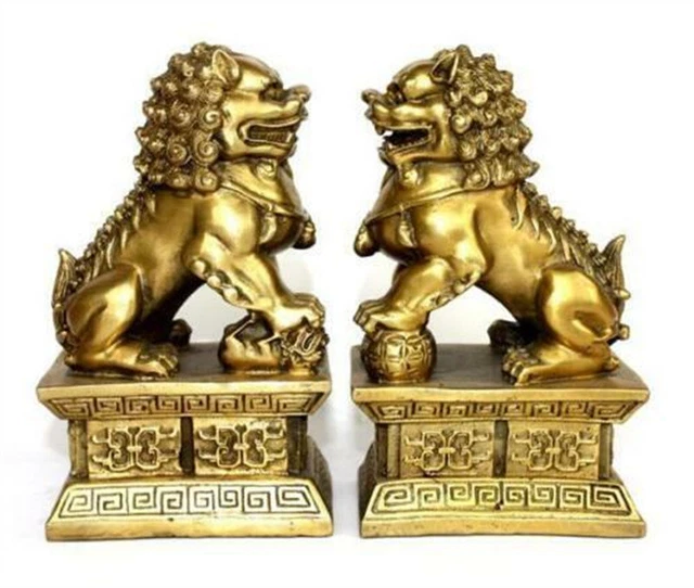 Archaic lion brass statue Fu Foo Dog fengshui Door guard lions Statues pair