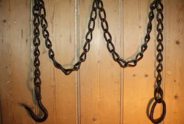 Antique Wrought Iron Hook on Length of Chain Beam Iron Ring 82 inches With Hook
