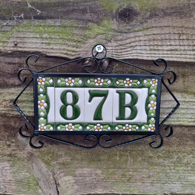 7.5 x 3.5cm Spanish Ceramic Green Floral Number Address Tiles & Metal Frames 2