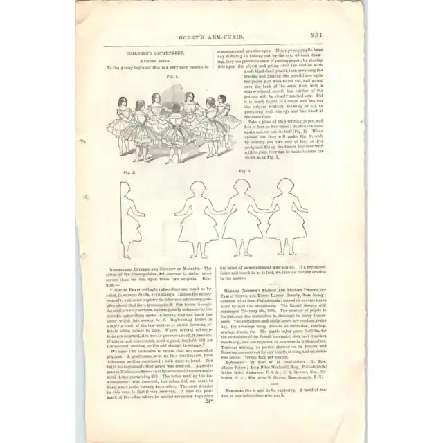 1861 Original Children's Paper Doll Pattern For Student Godey's Lady's Book D4-1