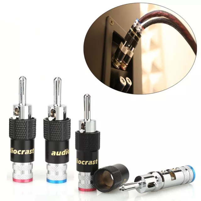 4x HIGH END RHODINIERT HI FI BANANENSTECKER SPREIZBAR VERRIEGELBAR POLKLEMMEN