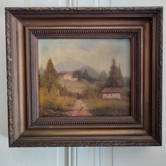 Óleo sobre Lienzo Anonymous "Paisaje De Campiña Movimiento Con Granja " Marco