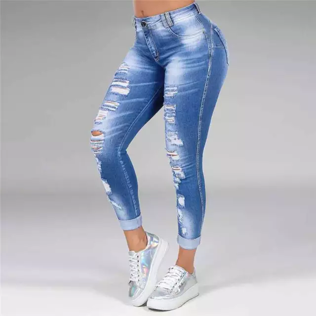 Plus Size Womens Ripped Denim Pants Jeans Ladies Stretchy Fit Skinny Leggings UK 3