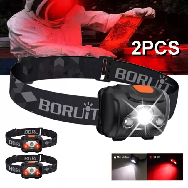 2X BORUiT LED Head Torch Headlamp Lamp Red+White Light Headlight Flashlight Work