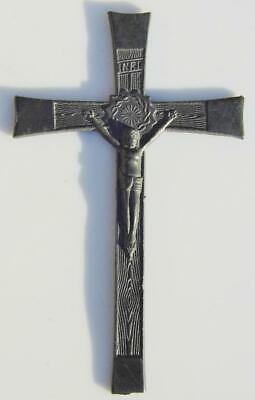 Unusual Antique Pewter Crucifix Art Deco Cross Jesus Christ Corpus 5" Sun Crown