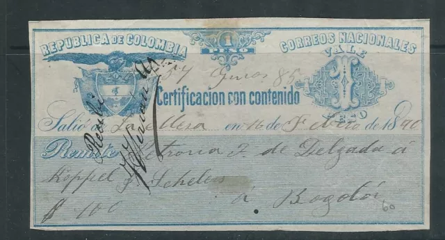 Colombia 1890 Versichert Brief Briefmarke 1 Peso F Gebraucht Fehler