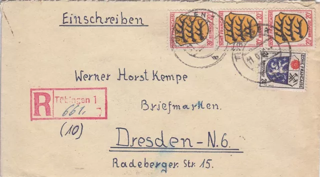 Franz. Zone - Allg. Ausgabe - TÜBINGEN  1 - EINSCHREIB - Stempel auf Reco Brief.