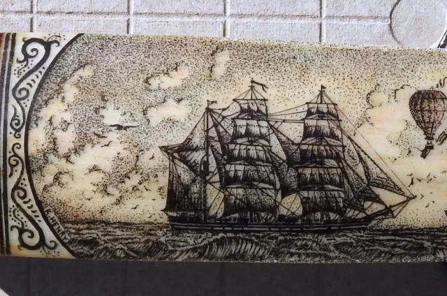 Swordfish Scrimshaw Pen and Ink Whaling Art K. Henry Tall Ship Seascape S12