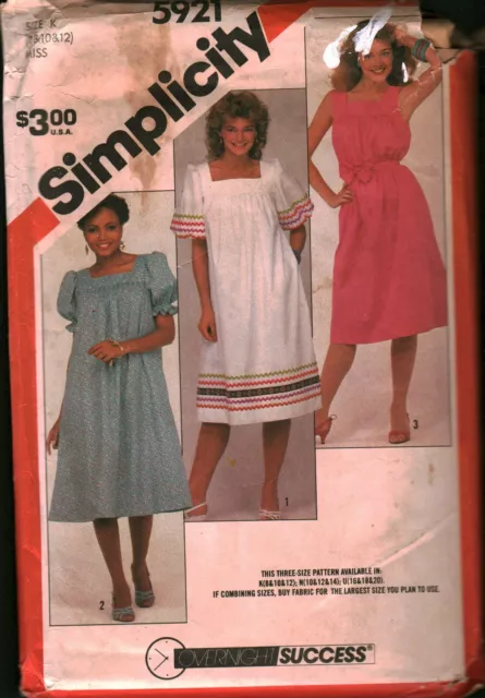 5921 Vintage Simplicity SEWING Pattern Misses Loose Fitting Pullover Dress Sash