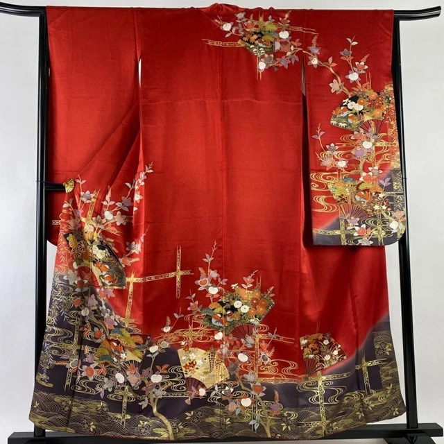 Woman Japanese Kimono Furisode Silk Flower Fan Kanzemizu Gold Foil Red