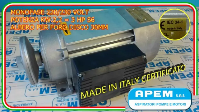 Motore Elettrico sega circolare HP3 KW.2,2 CV3 V.230 MONOFASE 2800G FORO 30MM