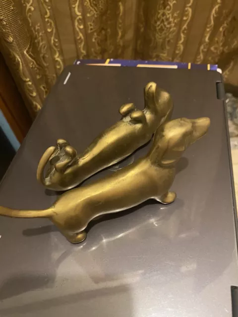 Vintage Solid Brass Pair Of  Dachshunds Sculptures Paper Weights -SEE PICS!!