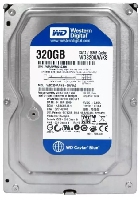 Disque Dur Western Digital Bleu 320GB WD3200AAKS 16MB 7200U/Min SATA II 3.5'