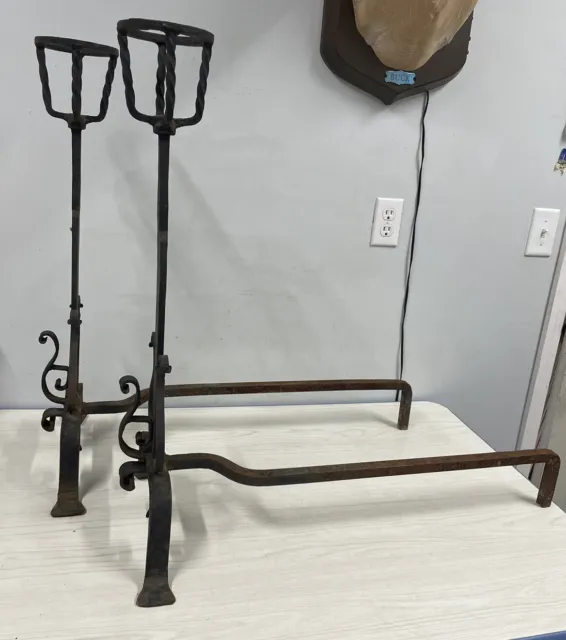 A Fine Massive Pair Of 18Th Century Hand Forged Wrought Iron Andirons Must See!!