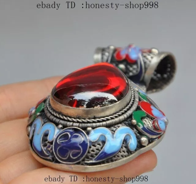 Collect Exquisite tibet silver Cloisonne Enamel Inlay red Gem flower pendant 3