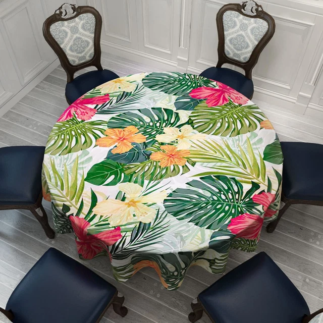 Tropical Round Tablecloth, Hawaiian Palm Tree Hibiscus Flowers Plants Tablecloth