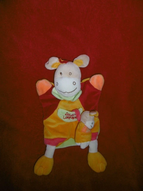 Doudou et Compagnie Marionnette Ane Rouge Orange Vert + Bébé Etat Neuf