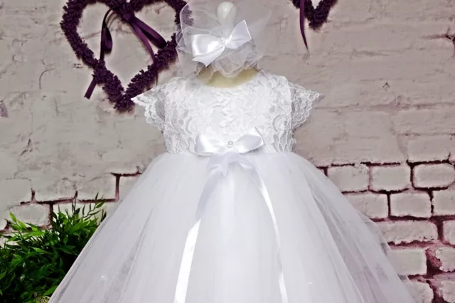 Taufkleid mit Stirnband Spitze Tüll weiss Festkleide 56-98  ❤️Neuheit❤️ 3