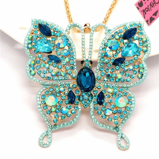 New Betsey Johnson Cute Rhinestone Blue Butterfly Crystal Pendant Chain Necklace