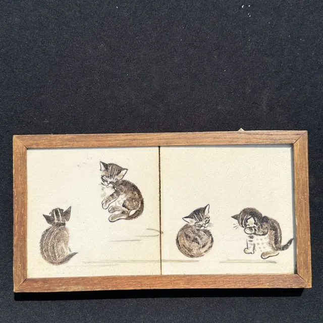 Minton Dunsmore Tiles Cat Kittens Playing Pair Framed