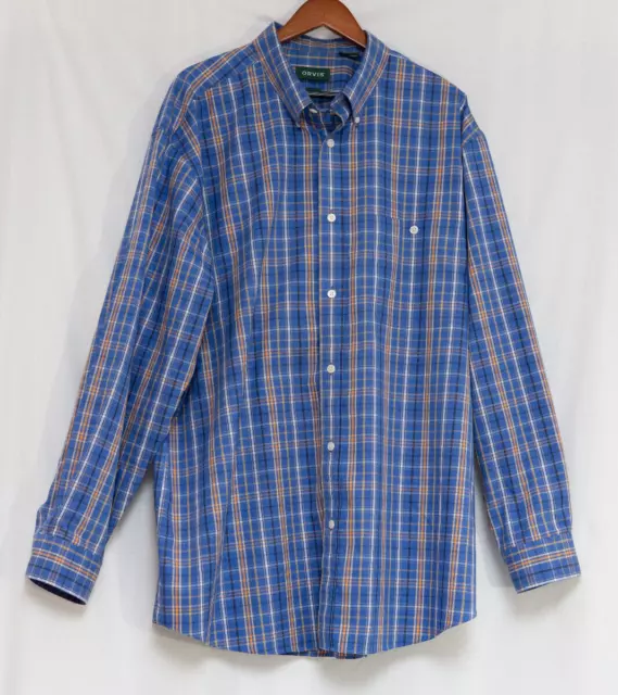 Orvis Shirt Mens XXL Tall 2XLT Blue Plaid Button Up Oxford Long Sleeve Preppy