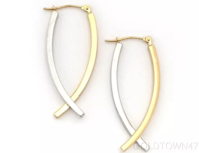 14kt Yellow & White Gold Shiny Square Tube Double Row Hoop Type Earring