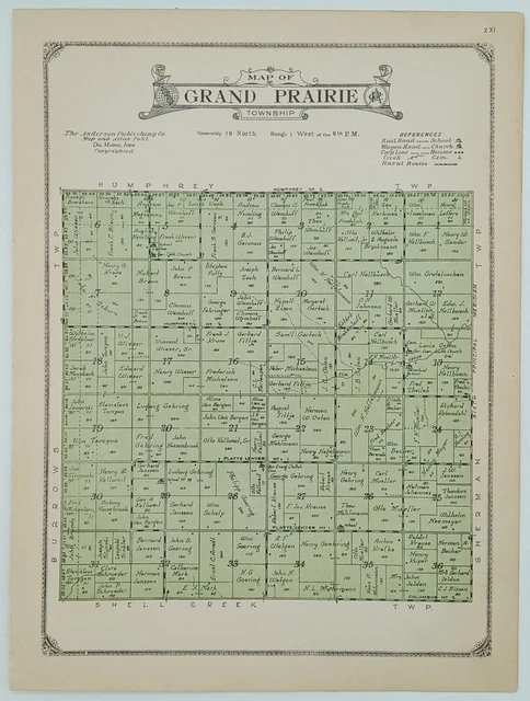 1922 Grand Prairie Township Plat Map Platte County Nebraska
