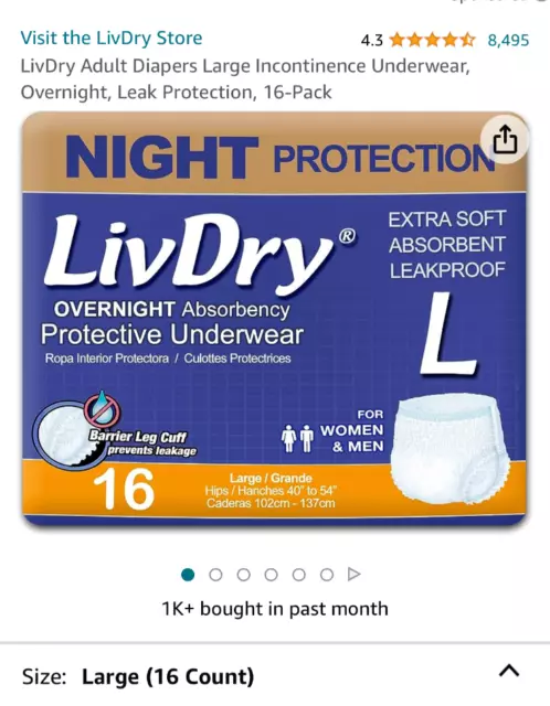 Adult Diapers Large Incontinence Underwear, Overnight, Leak Protection, 16-Pack