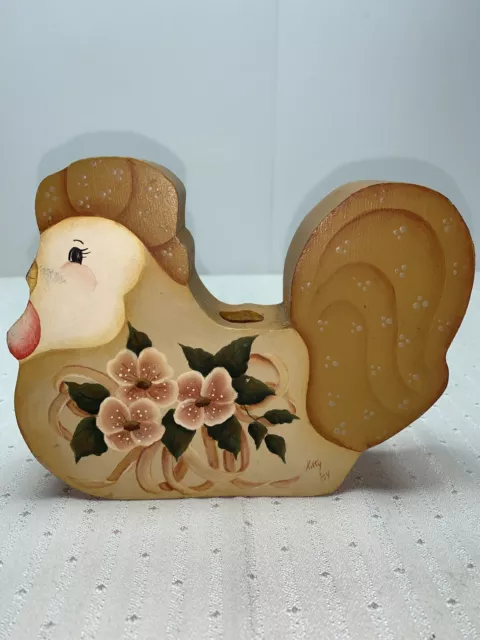 Vintage Hand Painted Wood Chicken Candle Holder By kitty 1984 Farmhouse Country