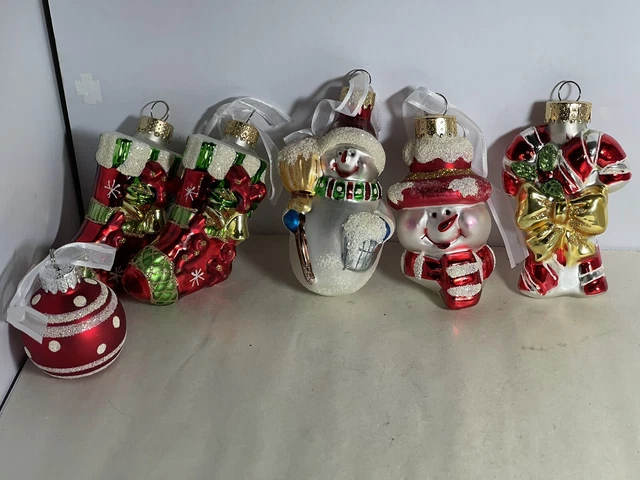 Vintage Mercury Glass Ornaments Stockings Snowmen Candy Canes X6