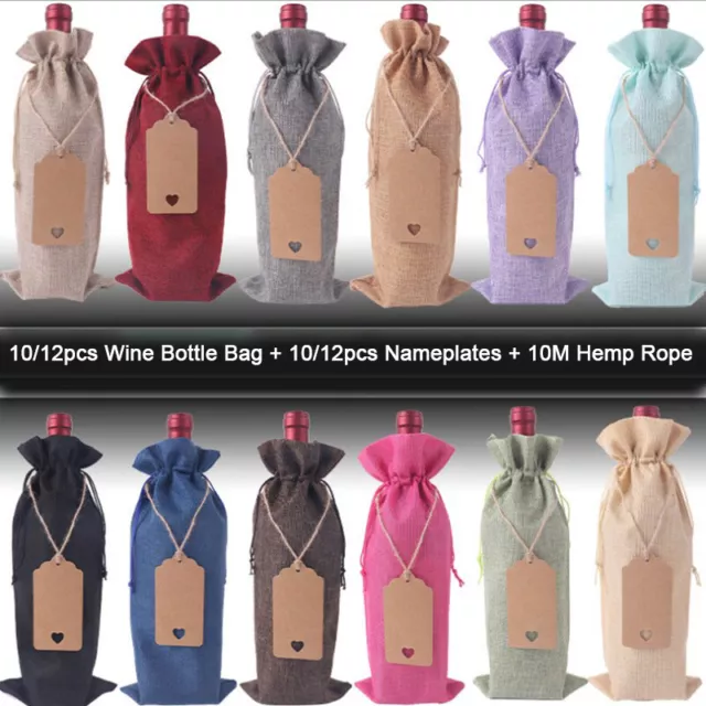 12pc Burlap Wine Bags Wine Bottle Bags Reusable Gift Bags With Tags Party  ZT