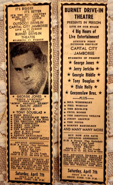 2 cool 1961 young GEORGE JONES concert ads Drive-In Austin Texas COUNTRY-WESTERN