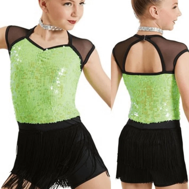 Weissman dance costume green sequin fringe flapper Replay12269 Child IC 7/8