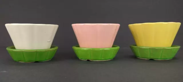 Vintage Shawnee USA Pottery Pink Yellow White Green Planter Attached Saucer Lot