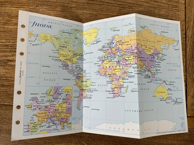 Filofax Map Insert FILOFAX-WORLD MAP RARE EDITION 1992 -1 Sheet-Folds to 3 Sides Double ...