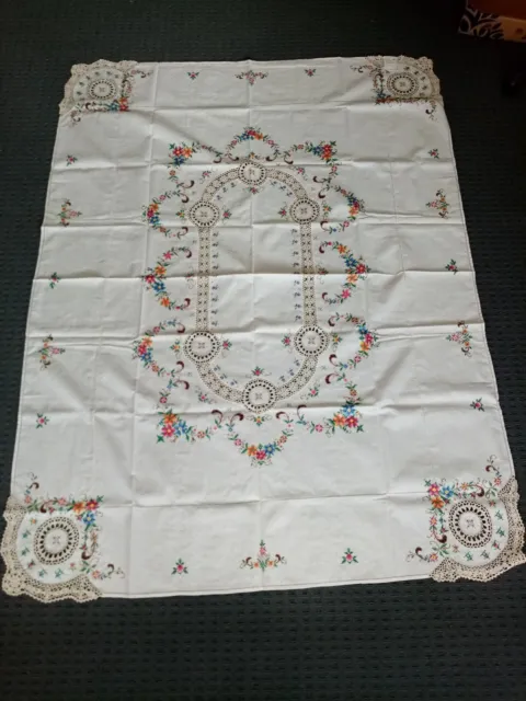 Vintage Linen Hand Embroidered Cross Stitch Tablecloth + Napkins 165 X 125cm