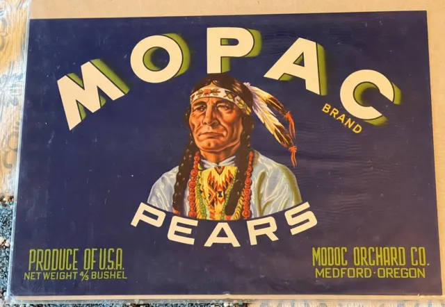 Mopac Brand Pears Vintage Original Paper Fruit Crate Label Native American