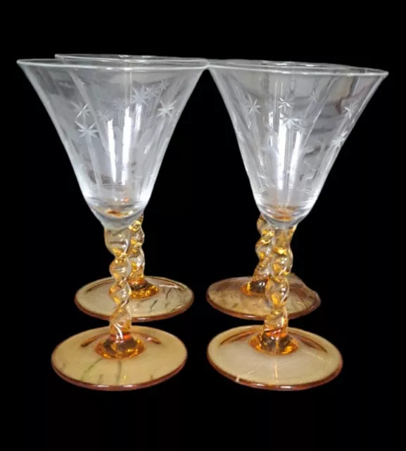 Super Vintage Set of 4 Etched Amber Twisted Stem Sherry Glasses 2