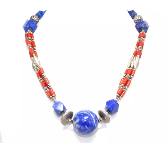 Antique Necklace Tibetan Silver Bead Natural Gem Stone Lapis Lazuli Coral W 182