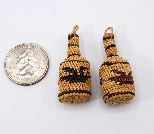 Antique Mini Native American Basket Earrings Makah Nootka Bottle Miniatures Pair