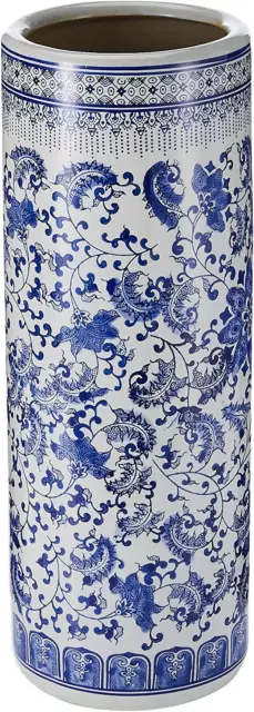 Oriental Furniture 24" Floral Blue & White Porcelain Umbrella Stand