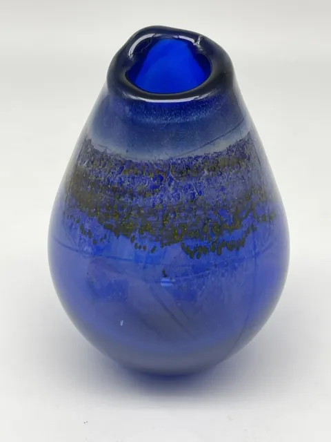 Vintage Buzz Williams Art Glass Hand Blown Vase Cobalt Blue Bubbles Signed 5.5”