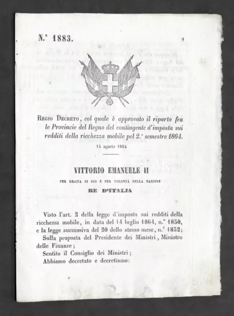 Regno d'Italia - Regio Decreto Riparto tra Provincie contingente d'imposta 1864