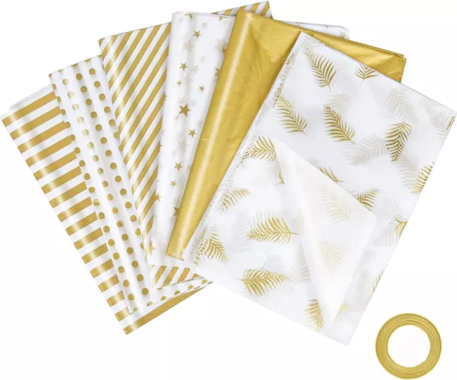 60PCS Gold Patterned Print Tissue - Gift Wrap Paper Luxury Sheets + 22M RIBBON