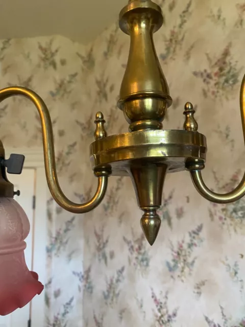 ANTIQUE TWO-ARMED HANGING LAMP/ LIGHT/ CHANDELIER w/ CRANBERRY SHADES 3