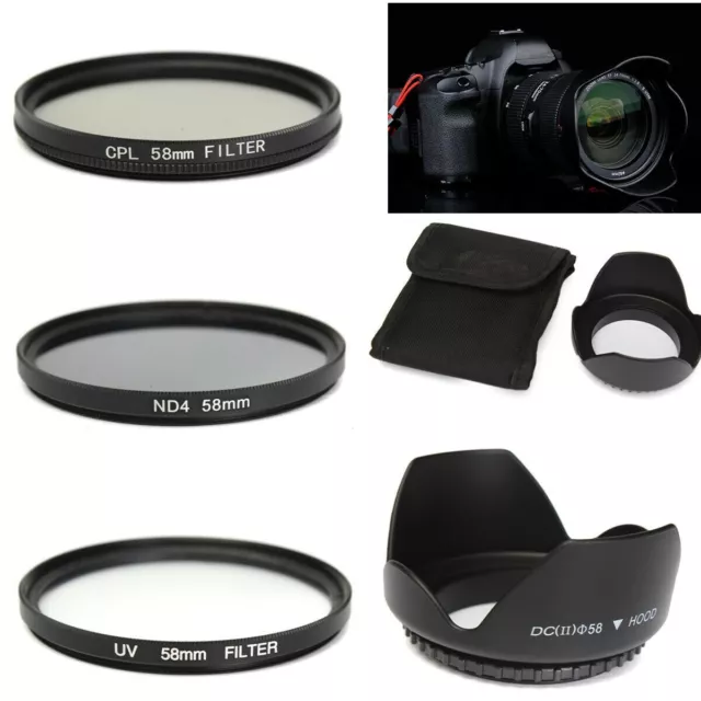 58mm UV CPL ND4 Circular Polarizing Filter Kit + Lens Hood For Canon Camera DSLR