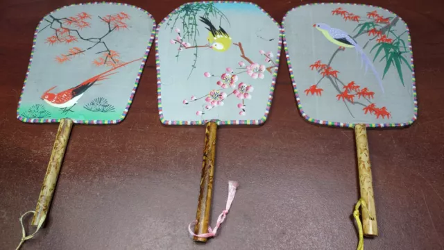 Vintage Hand Painted Silk Paddles Fan Chinese Japanese Asian Floral Bird Kitsch