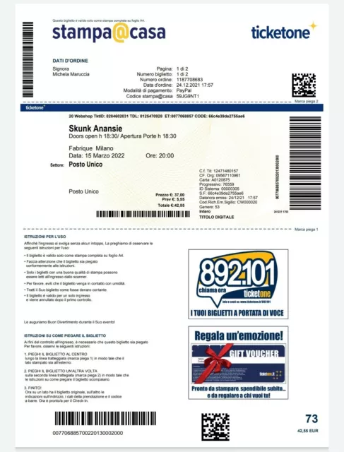 Vendo 2 Biglietti per il concerto degli Skunk Anansie a Milano 14.05.2022